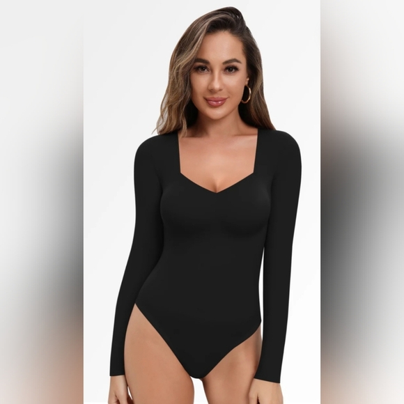 MANGOPOP Women's Sweetheart Square V Neck Long Sleeve T shirts Tops Bodysuits XL - Picture 1 of 7